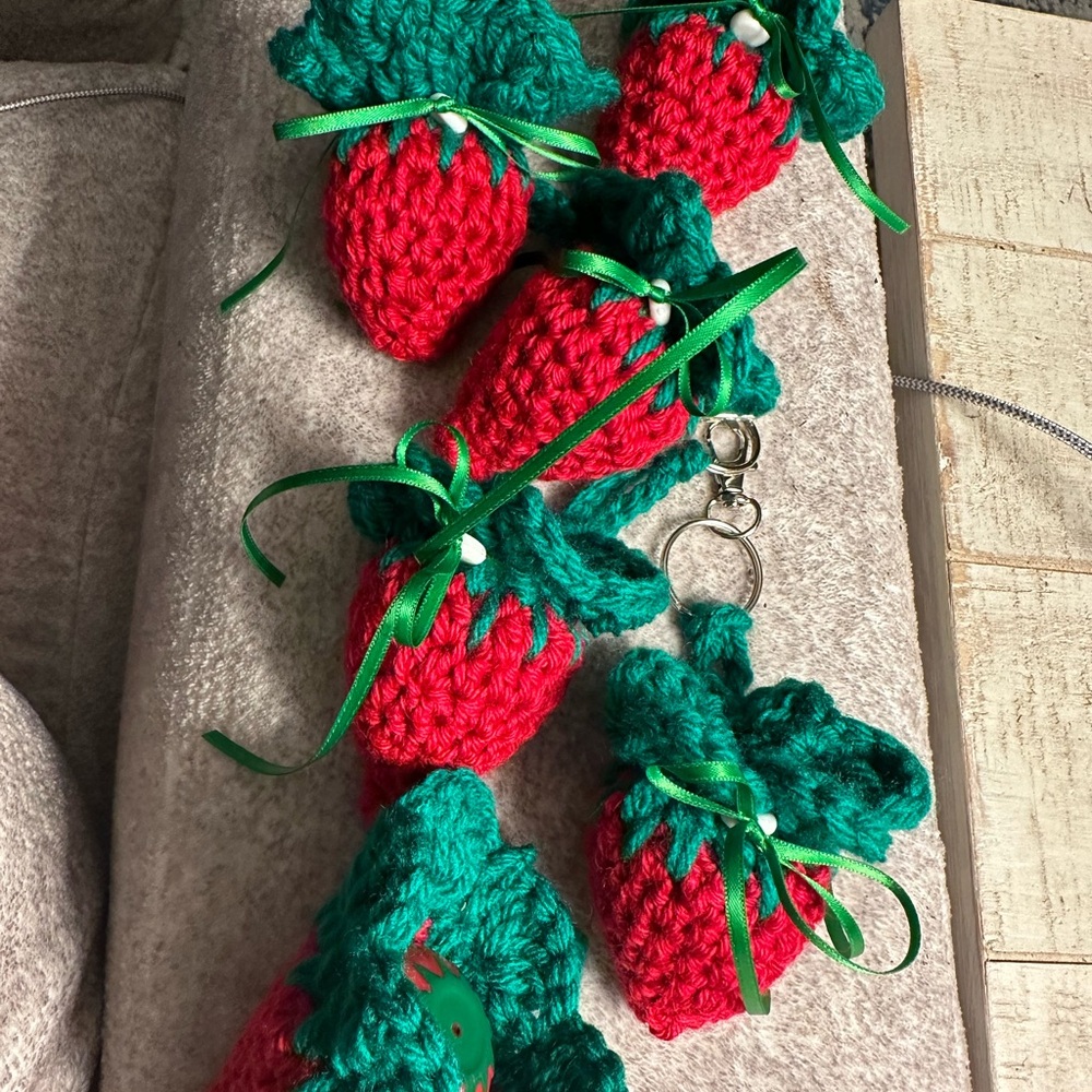 Handmade Crochet Strawberry Keychains, strawberry lip balm included